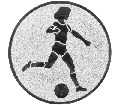 Insertie sport argintie cu figura de jucatoare de fotbal, potrivita pentru medalie, cupa sau trofeu