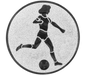 Insertie sport argintie cu figura de jucatoare de fotbal, potrivita pentru medalie, cupa sau trofeu