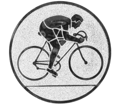 Insertie sport argintie cu figura de ciclist in cursa, potrivita pentru medalie, cupa sau trofeu