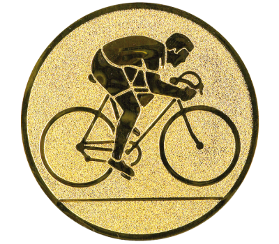 Insertie sport aurie cu figura de ciclist in cursa, potrivita pentru medalie, cupa sau trofeu