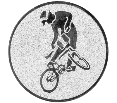 Insertie sport argintie cu figura de ciclist BMX, potrivita pentru medalie, cupa sau trofeu