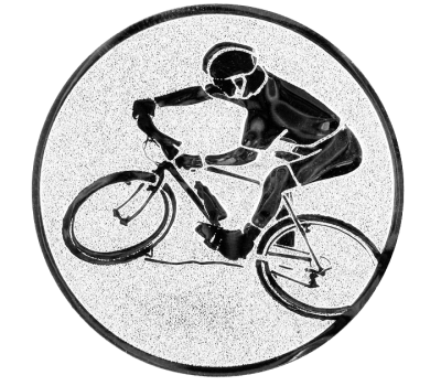 Insertie sport argintie cu figura de ciclist MTB, potrivita pentru medalie, cupa sau trofeu