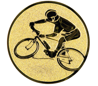 Insertie sport aurie cu figura de ciclist MTB, potrivita pentru medalie, cupa sau trofeu