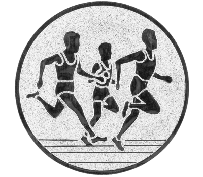 Insertie sport argintie cu figura de alergatori in competitie, potrivita pentru medalie, cupa sau trofeu