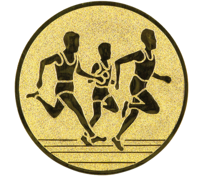 Insertie sport aurie cu figura de alergatori in competitie, potrivita pentru medalie, cupa sau trofeu