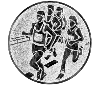 Insertie sport argintie cu alergatori in cursa pe teren, potrivita pentru medalie, cupa sau trofeu
