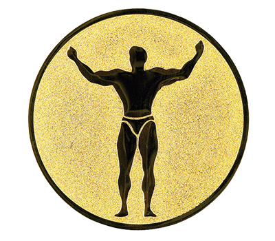 Insertie sport aurie cu figura de culturist, potrivita pentru medalie, cupa sau trofeu