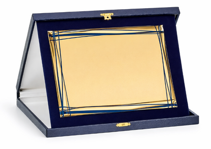 Cutie pentru plachete, interior din catifea albastru închis și închidere metalică aurie, prezentare demonstrativă cu plachetă inclusă.