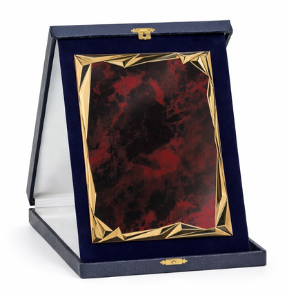 Cutie pentru plachete, interior din catifea albastru închis și închidere metalică aurie, prezentare demonstrativă cu plachetă inclusă.